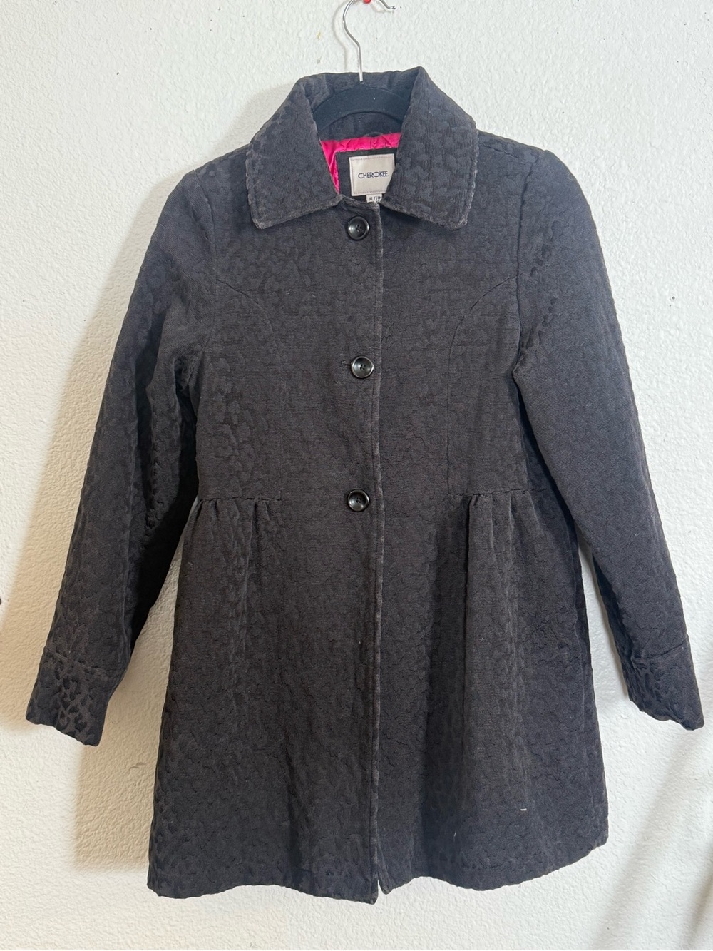 Cherokee Black Textured Button-Front Pea Coat with Pink Lining